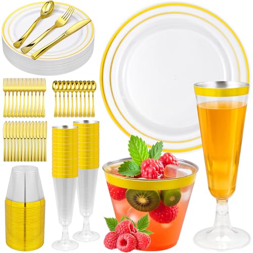 150PCS Gold Plastic Plates Set for 25 Guests,Disposable Dinnerware Set