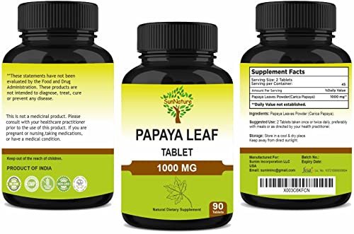 Sunnature Papaya Leaf Tablets 90 Tablets, 1000 Mg| 45 Days Supply| Vegan| Papaya Leaf #TOP6