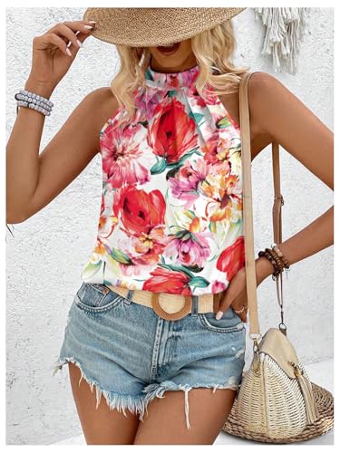 Image of RoseSeek Women's Tropical Paisley Halter Blouse Boho Shirt Vacation Tops