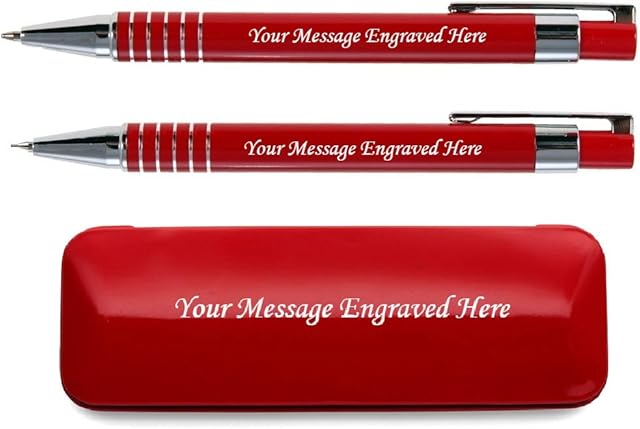 Personalised Engraved Stylish Pen And Pencil In Matching Colour Presentation Box- Personalised Gifts For Anniversary Or Any Gift Idea, Gifts For Men, Gifts For Woman - Enter Your Custom Text (Red)