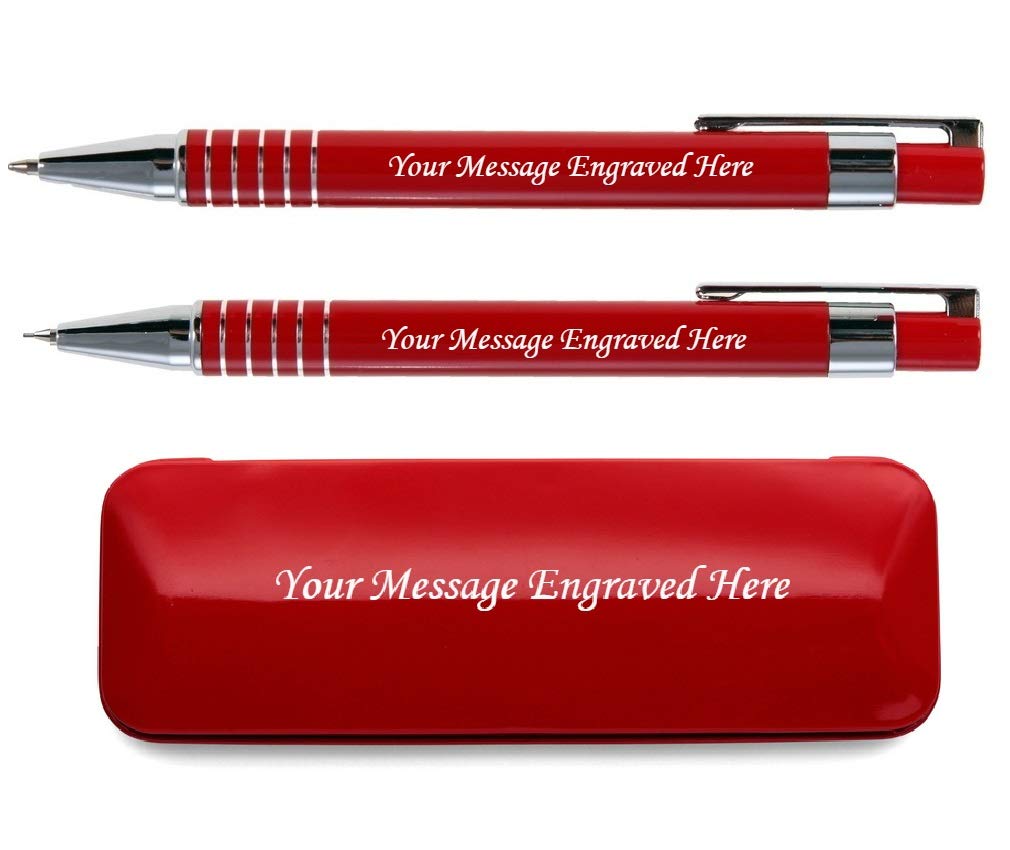 Personalised Engraved Stylish Pen And Pencil In Matching Colour Presentation Box- Personalised Gifts For Anniversary Or Any Gift Idea, Gifts For Men, Gifts For Woman - Enter Your Custom Text (Red)