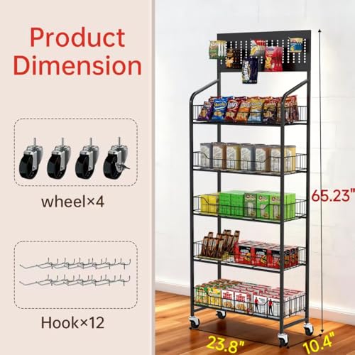 5-Tier Metal Display Rack Large Snack Shelving Unit with Hanging Panels and 12 Hooks 4 Casters for Easy Mobility Freestanding Display Unit Ideal for Supermarkets and Retail Stores (65.23H*23.8W*10.4D)