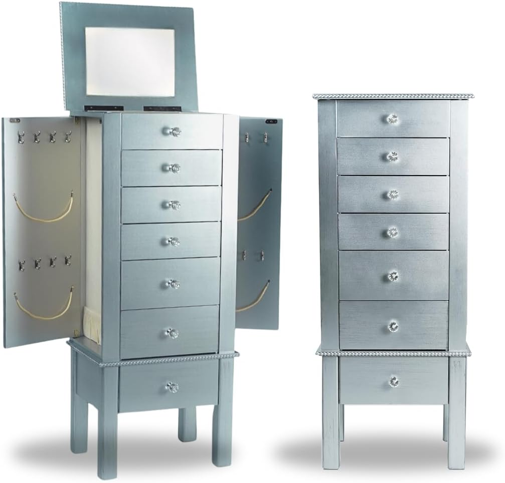 Hives and Honey Hannah Jewelry Armoire - Modern Silver Storage Organizer with Divided Drawers and Necklace Hooks - French-Inspired Design with Jewel-Like Pulls - Anti-Tarnish Felt Lining