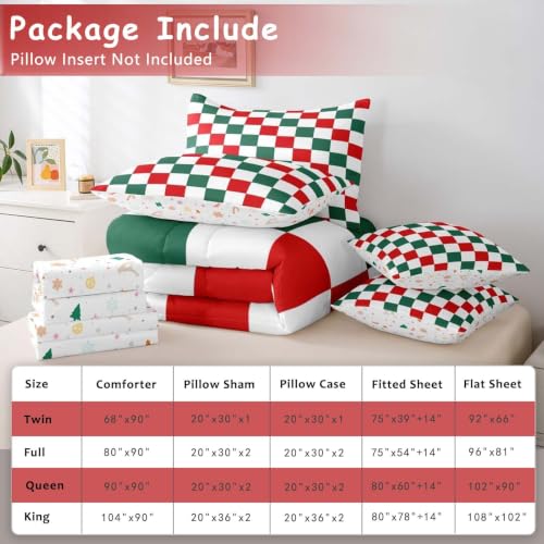 Image of Feelyou Checkered Christmas Comforter Set with Sheets 7 Piece Twin Size Red Green Plaid Bedding Set for Kids Boys Girls Geometric Vintage Bed in a Bag Modern Simple Groovy Aesthetic Room Decor Soft