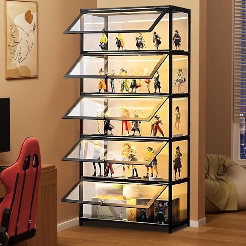 Vitrina de 5 pisos de pie, armarios Curio, estantería con puertas, puertas acrílicas transparentes, vitrina de coleccionista para sala de estar, oficina, libros, sala de juegos (Puerta plegable negra)