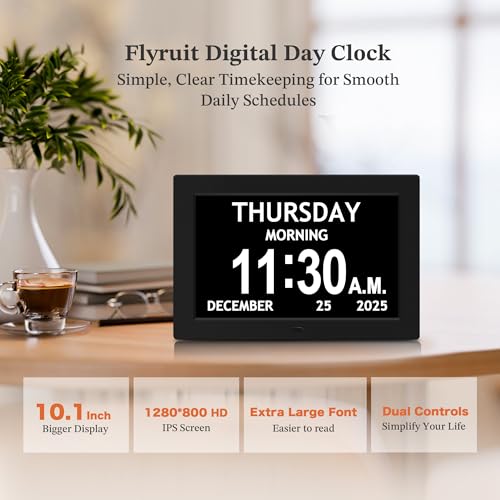 Image of 10.1'' Extra Large Digital Clock, 1280*800p HD Display, Dementia Clock For Seniors, Digital Clock With Date, Time, Day Of Week, 10 Reminders & 6 Alarms, Auto Dimming & DST, Remote Control, Black