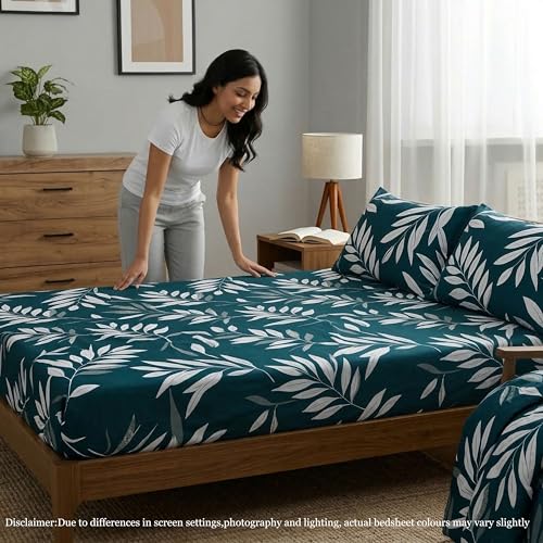 Image of Bedsheet for Double Bed King Size | 90 X 100 Inch Bed Sheet with 2 Pillow Covers 18 X 28 Inch | Soft, Wrinkle Resistant, Durable 250 TC Breathable, Skin Friendly | Dark Teal