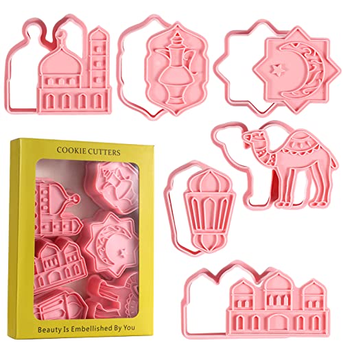 Eid Mubarak Cookie Cutters 6 PCS Ramadan Islamic Muslim Biscuit Mold, 3D Cookie Cutters Set for Baking, Mosque, Lantern, Camel, Star, Moon, Islamic Star