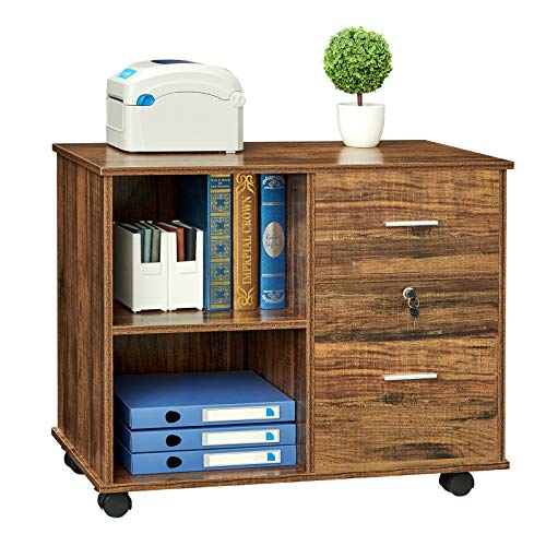 GreenForest 2 Drawers File Cabinet Wooden Lateral File Cabinet with Open Storage Shelves Printer Stand Rolling File Cabinets with Lock for Letter Size or A4 Hanging File Folders,Walnut