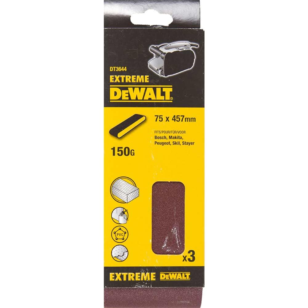 Dewalt Grain Sanding Belts, 75 X 457Mm, Grit Size 150, Pack Qty 3 Dt3644-Qz