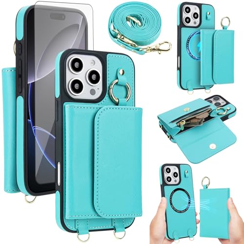 Asuwish Phone Case for iPhone 16 Pro Max 6.9 inch Wallet Detachable Cover Screen Protector Compatible with MagSafe Crossbody Lanyard Strap RFID Blocking Flip i Phone16 ProMax 16ProMax Women Men Green