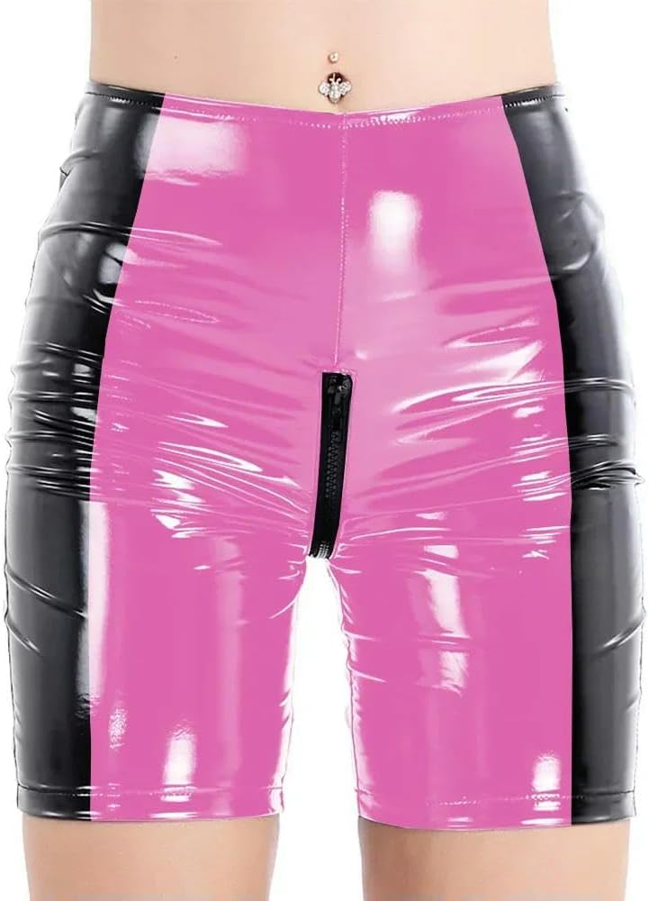 Women's Exotic Crotch Zip-up PVC Leather Biker Shorts Patchwork Black Summer Hot Pants Party Club