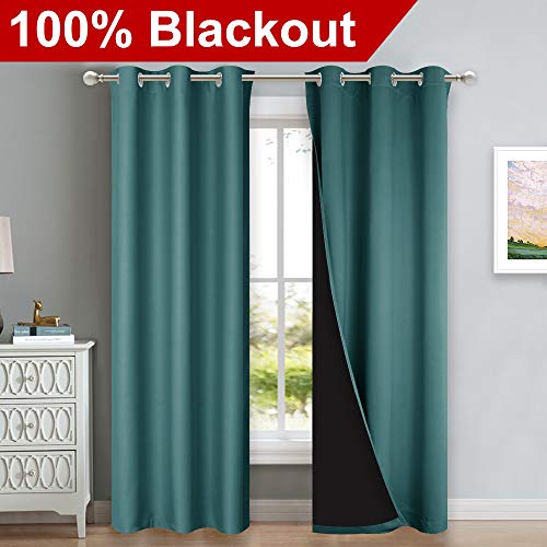 Image of NICETOWN Complete 100% Blackout Curtain Set, Thermal Insulated & Energy Efficiency Window Draperies for Guest Room, Full Shading Panels for Shift Worker and Light Sleepers, Sea Teal, 42W x 84L, 2 PCs