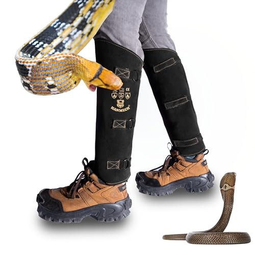 Image of Snake Bite Proof Leather Gaiters 19 inch Long Leg Protection for Snake, Thorns, Brush & Outdoor Hiking | Heavy Duty Black Leather Leg Guards for Jungle, Trekking & Farm Use