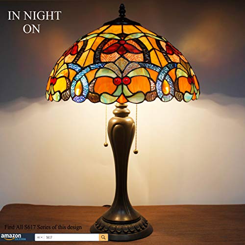 Werfactory Tiffany Table Lamp Orange Stained Glass Bedside Lamp 16X16X24 Inches Desk Reading Light Metal Base Decor Bedroom Living Room Home Office S617 Series #TOP1