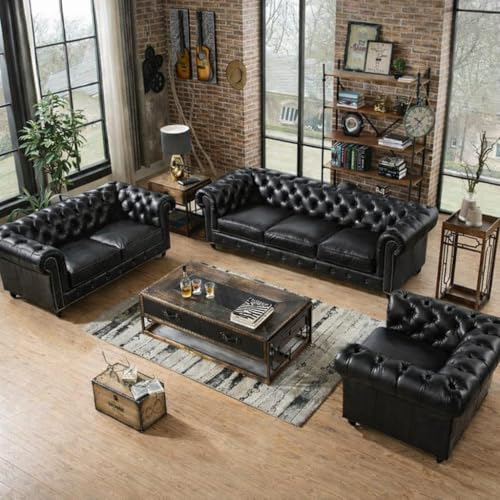 Image of UMAR ARTS Luxury Chesterfield Leatherate Sofa Set, Tufted Genuine Leatherate, Classic Living Room Furniture (Black 3+2+1)