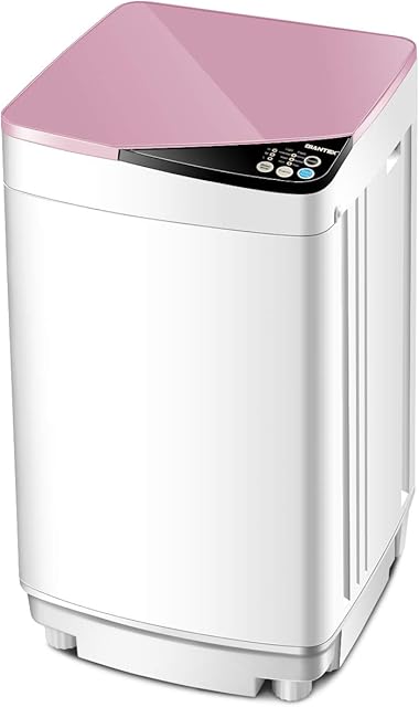 Giantex Full-Automatic Washing Machine Portable Washer and Spin Dryer 7.7 lbs Capacity Compact Laundry Washer with Built-in Barrel Light Drain Pump and Long Hose for Apartments Camping (White & Pink)