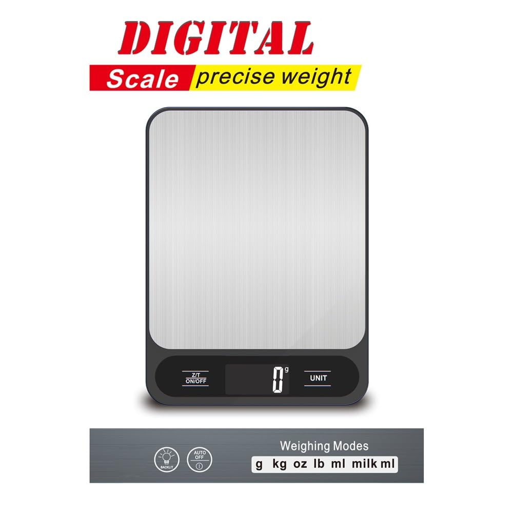 Báscula Digital de Cocina con Pantalla LCD, 6 Unidades con Función de Tara, Báscula de Café for Alimentos Báscula Digital Electrónica Inteligente Impermeable for Hornear y Cocinar, Acero Inoxidable Fá
