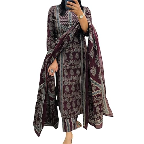 Image of krisjan|Women's Pure Cotton Printed with Handwork Kurta with Pants and Dupatta Set | Ethnic Set | Suit Set | Kurta Set | Wedding Suit Set