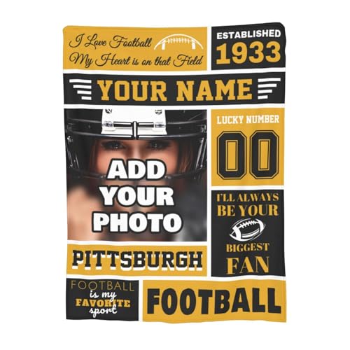 Personalized Pittsburgh Custom Blanket with Picture, Any Name and Number, Football Fan Gifts