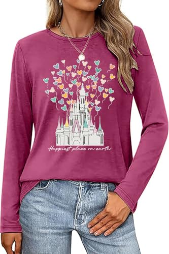 Happiest Place On Earth Shirt Women Magical Castle Balloon Graphic Long Sleeve Holiday Vacation Trip Top Burgundy M