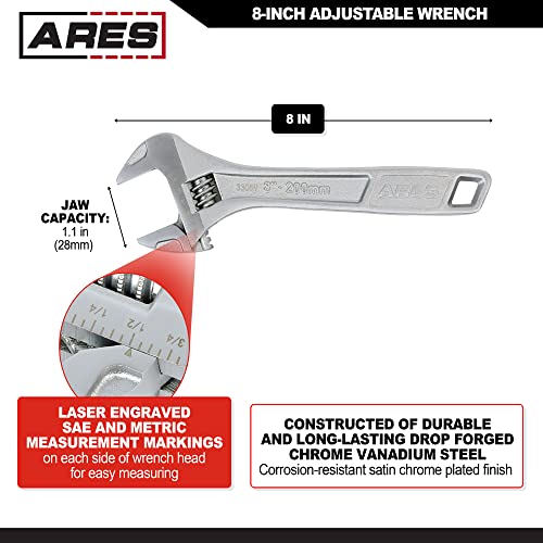 Ares 33059 – 8-Inch Adjustable Wrench – Drop Forged Chrome Vanadium Steel Construction – Wide Jaw Designs For A Variety Of Fastener Sizes – Sae And Metric Size Markings #TOP1