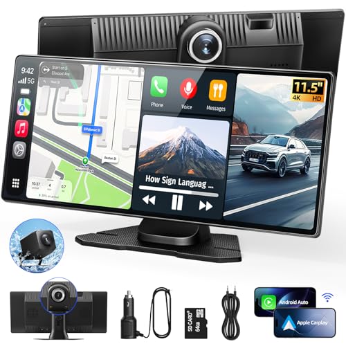 11.5 Wireless Apple CarPlay Screen for Car Portable Car Play & Android Auto Touch Screen Car Stereo with App Control 4K Dash Cam 1080P Backup Camera GPS Voice Control Mirror Link FM All Vehicles