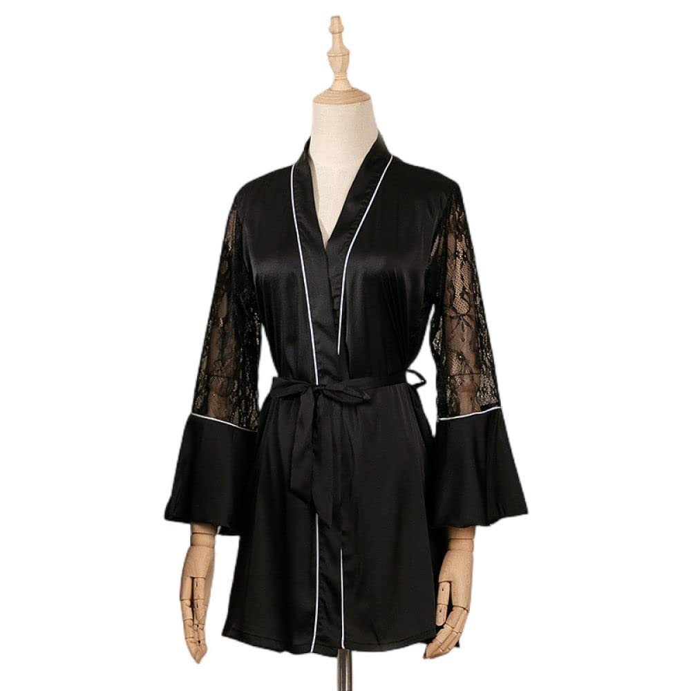OZEO Pigiami Donna,Accappatoio Kimono Sexy in Raso Nero Pizzo Vintage Manica Lunga Cava Vestaglia Leggera Scollo A V Abito con Lacci Elegante Vestaglia Sposa Bademantel Damen,M