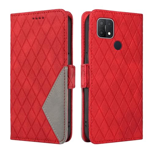 WBWONE Funda para OPPO A15/A15S, Celosía de Rombo Tipo Libro de Tapa PU Cuero Carcasa Billetera con Función de Soporte y Tarjetas Ranuras - Rojo