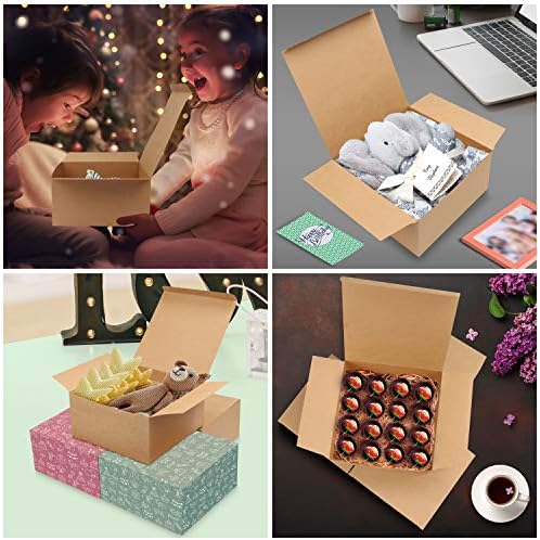Belle Vous 10 Pack Brown Kraft Gift Boxes - Box Measures 20 x 20 x 10cm (7.87 x 7.87 x 3.94 inches) - Easy Assemble Square Presentation Favour Present Box - Parties, Birthdays, Weddings, Holidays