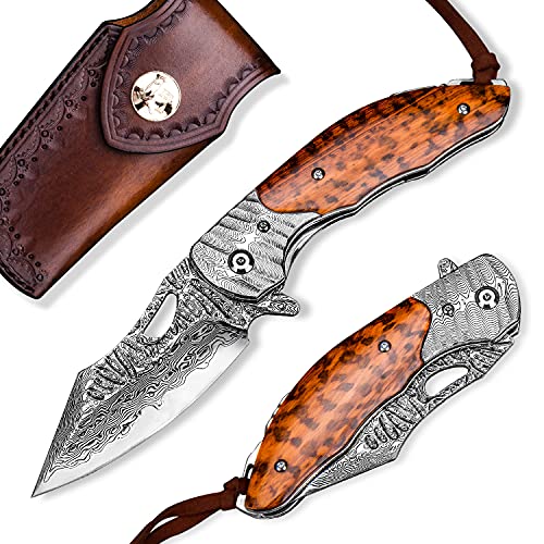 SPIRIT DEED Pocket Knife with Leather Sheath,Snake Wood Handle,Liner Lock,Handmade Japanese VG10 Damascus Steel EDC Folding Knives for Men Outdoors Survival