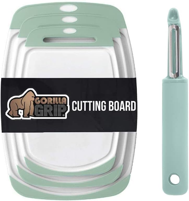 Gorilla Grip Cutting Board Set of 3 and Vegetable Peeler, Both in Mint Color, Cutting Boards are Dishwasher Safe, Peeler Has Swivel Blade, 2 Item Bundle