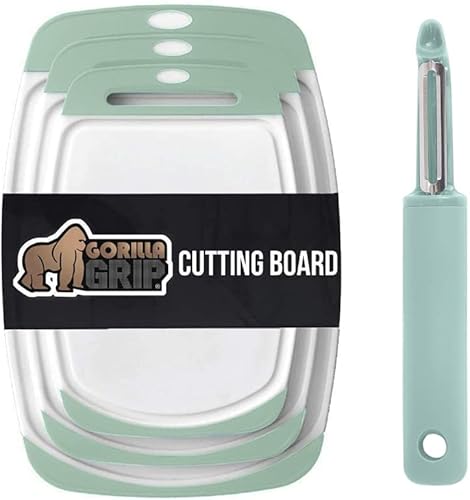Gorilla Grip Juego de 3 tablas de cortar y pelador de verduras, ambos en color menta, las tablas de cortar son aptas para lavavajillas, pelador con