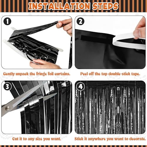 Image of ZATAYE 4 Pack Black Halloween Foil Curtain Streamer Decorations | Black, Metallic Foil, 3.28 x 7.05 FT, Tinsel Backdrop, Foil Curtain Streamer, Halloween New Years Eve Party
