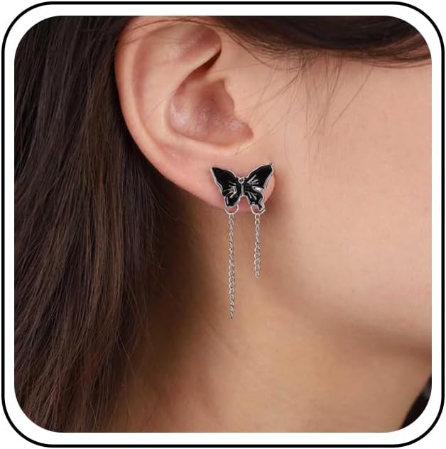 Andelaisi Boho Butterfly Chain Earrings Black Enamel Butterfly Earrings Vintage Butterfly Studs Earrings Minimalist 3D Butterfly Earrings Jewelry for Women