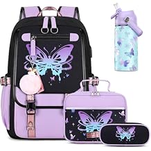 Bevalsa Kids Backpack for Girls with Insulated Water Bottle, Purple Cute Bookbag for Girls Kid, 14oz Termos Kids Water Bottle, Insulated Lunch Bag & Pencial Case, Back To School Gift Butterfly