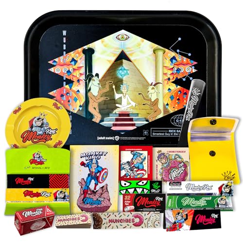 Monkey King Regalo para Fumadores Bandeja para Liar Oficial Rick and Morty, Accesorios Ceniceros, Papel de Fumar King Size, Filtros, Rollos, Pegatinas y Cartones