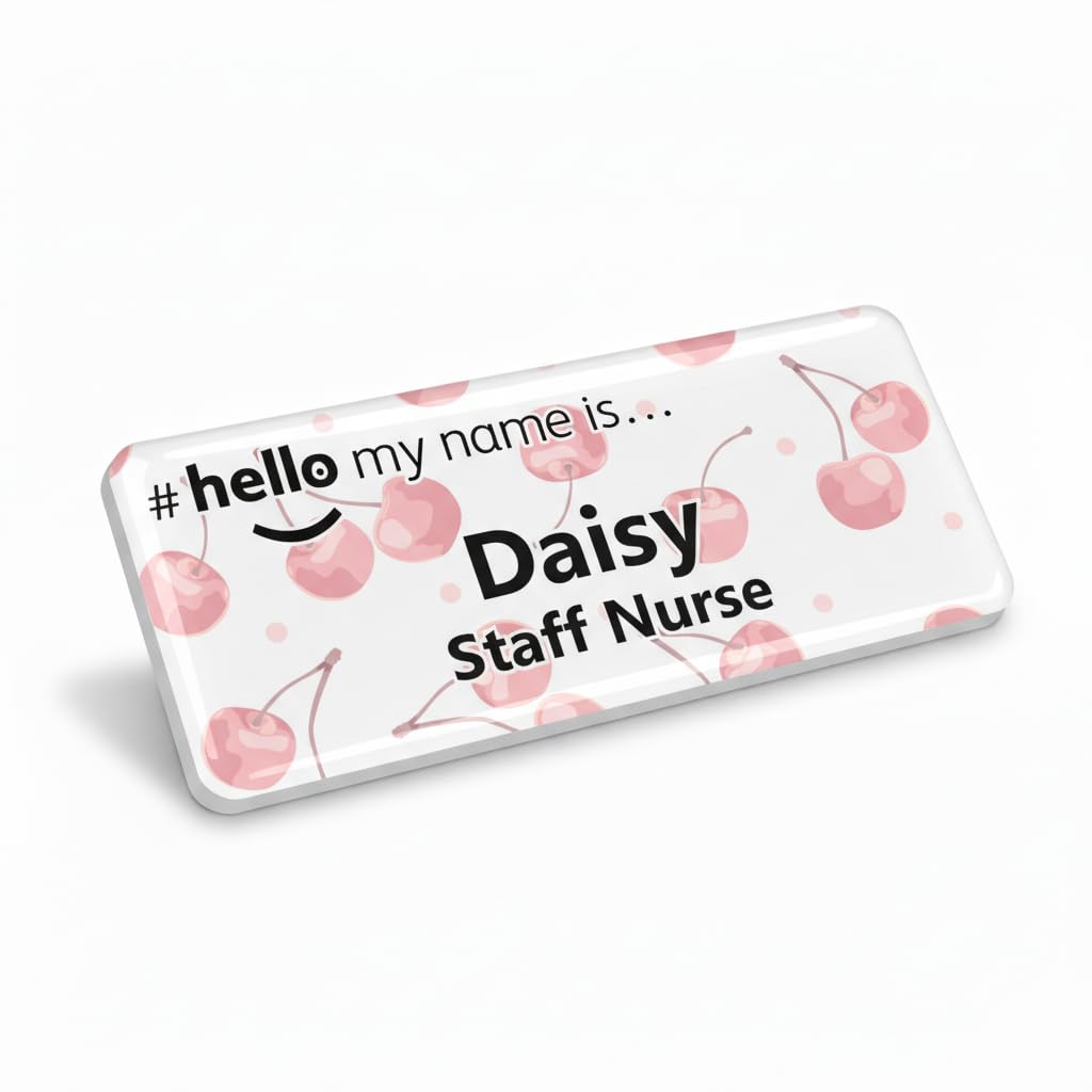Badgemaster Resin Finish Hello My Name is Cherries Design 76 x 32mm White/White