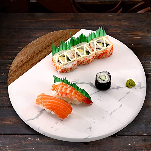 Vudeco White Marble And Acacia Wooden Cheese Board & Knife Set Marble Tray For Meats Breads Round Cutting Serving Board Cheese Cutter Slicer Stainless Steel Knife - 10" Marble Stone Cutting Board #TOP6