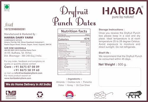 Image of Hariba Dryfruit Punch Premium Dates, Honey, Gir Cow Ghee, Cashews, Almonds & Pistachios |100% Natural, Healthy Sweet for Special Occasions, Fasting, Diets & Desserts | Freshly Made & Nutritious (500g)