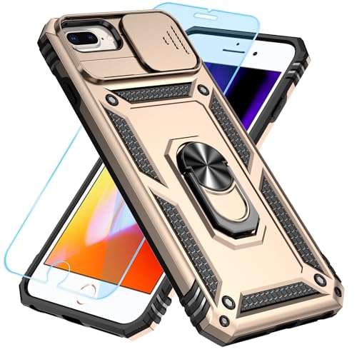 SunStory Compatible with iPhone 8/7/6 Plus Case with HD Screen Protector & Slide Camera Cover & Rotated Ring Kickstand, [Military-Grade] Phone Case for iPhone 6/7/8 Plus (Golden)