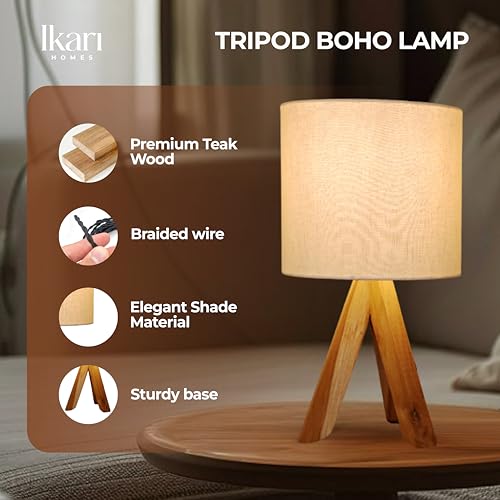 Image of Ikari Homes Modern Teak Tripod LED Table Lamp With Wooden Base And White Fabric Shade, Bedside Desk Light For Living Room I Bedside Lamp For Night /Study Lamp I Size 16.75 In X 8.6 In