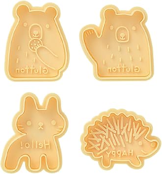 HEADS GLB-CKM1 Cookie Cutters, Set of 4, Gratton Family, Bear, Cat, Hedgehog with Packaging, Stamped, Patterned