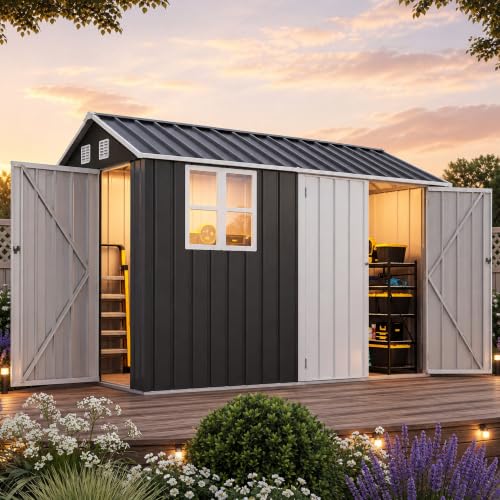 Image of DWVO 10x8ft Outdoor Storage Shed with Window & 3 Lockable Doors