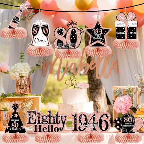 Image of 9Pcs 80th Birthday Decorations Honeycomb Centerpieces for Women, Rose Gold Happy 80th Birthday Centerpieces Tables Toppers Party Decorations Supplies, Vintage 1946 Aged Table Sign Decor