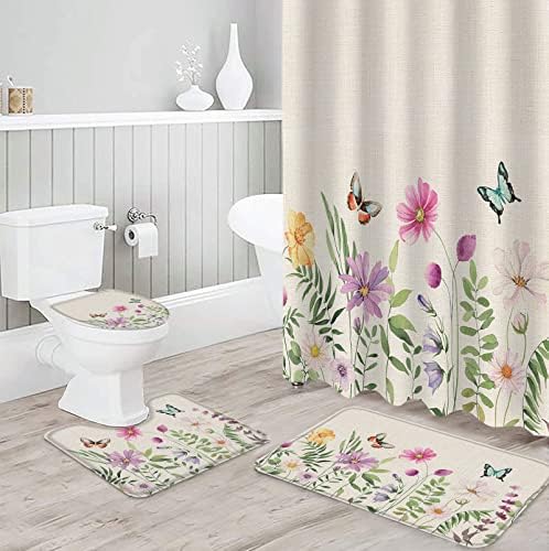 4 Pieces Shower Curtain Sets with Rugs Garden Abstract Floral Plants Leaves Bathroom Decor,Non-Slip Bath Rug Toilet Lid Cover and U Shape Mat Watercolor Butterfly on Linen Bathroom Accessories