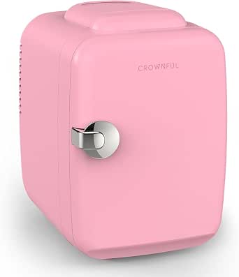 CROWNFUL Mini Fridge, 4 Liter/6 Can Portable Cooler and Warmer Personal Refrigerator for Skin Care, Cosmetics, Beverage, Food, Great for Bedroom, Office, Car, Dorm, ETL Listed, Pink