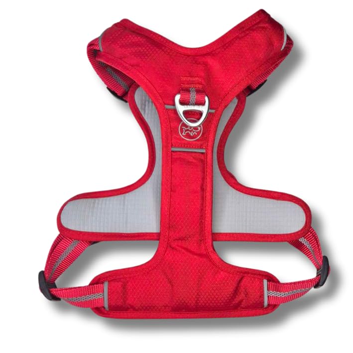 Lalazoo Adventure Hundegeschirr Typ Guard – No-Pull verstellbar gepolstert & reflektierend mit Griff Zwei Leinenbefestigungen & Tasche wasserabweisend für kleine mittelgroße & große Hunde – Rot, M