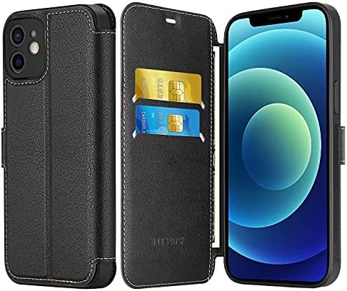 ELESNOW Case for iPhone 12-6.1", Premium Leather Wallet Flip Cover [Full Lens Protection] [Magnetic Closure] Compatible with Apple iPhone 12 (Black)