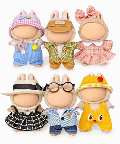 6 Clothes Sets for 17cm Collectible Dolls – Miniature Outfits with Accessories – Hat, Glasses & Necklace Details – Ages 15+ (No Doll)